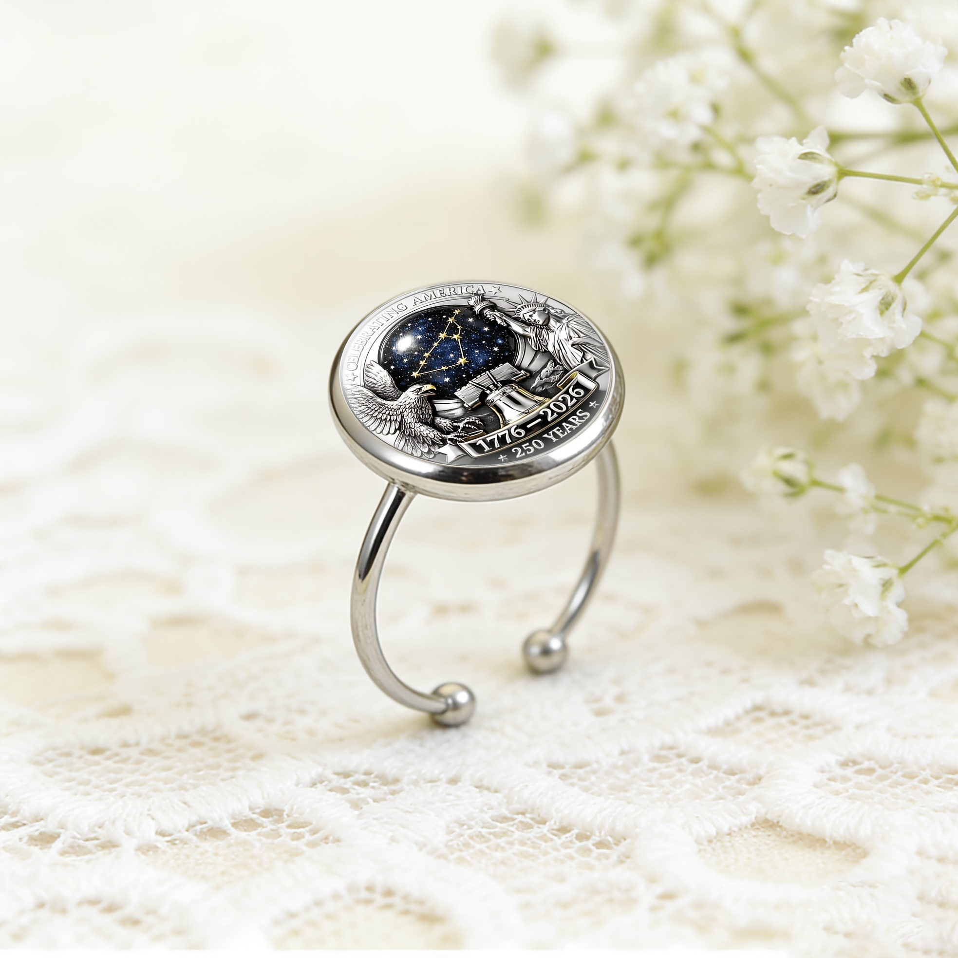 Colored Glass Inlaid Open Ring with Unique Pattern Design